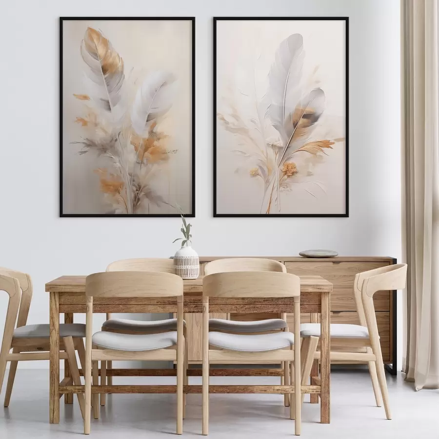 Картина Абстрактні пір'я, оточені бежевими та коричневими пучками, м'які та ніжні, на світло-бежевому тлі d01016
