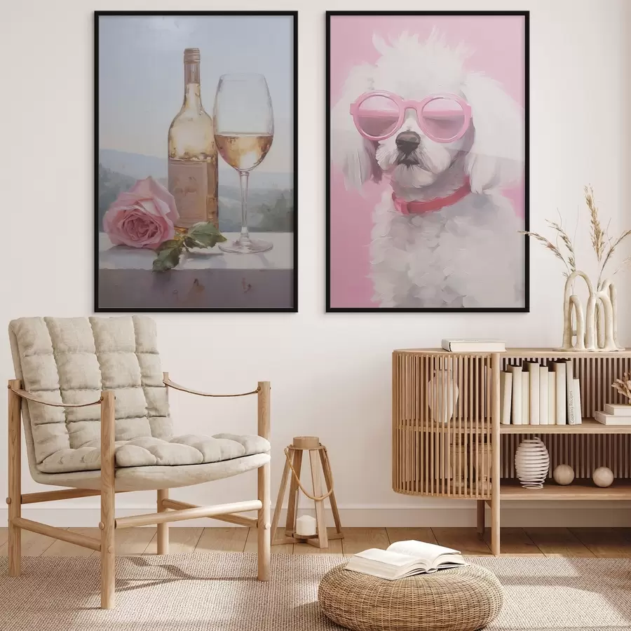 Картина Пляшка і келих вина, а також пудель в окулярах, імітація картини d01021