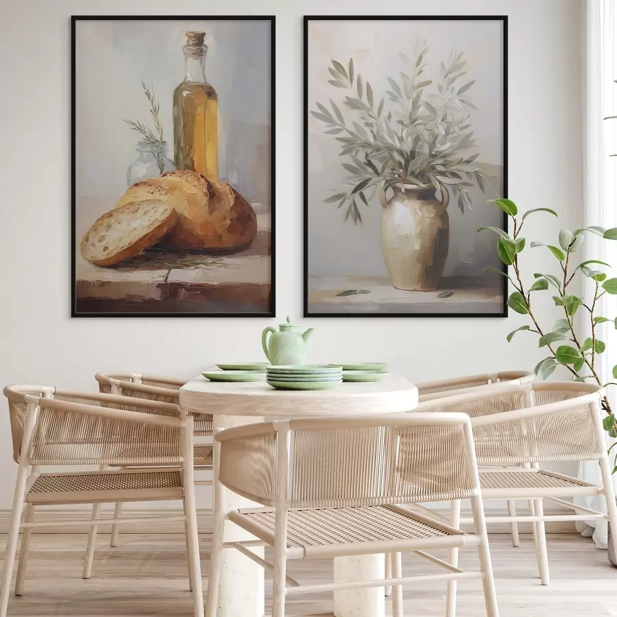 Картина Оливкові гілки у вазі, хліб і пляшка олії, імітація картини d01035