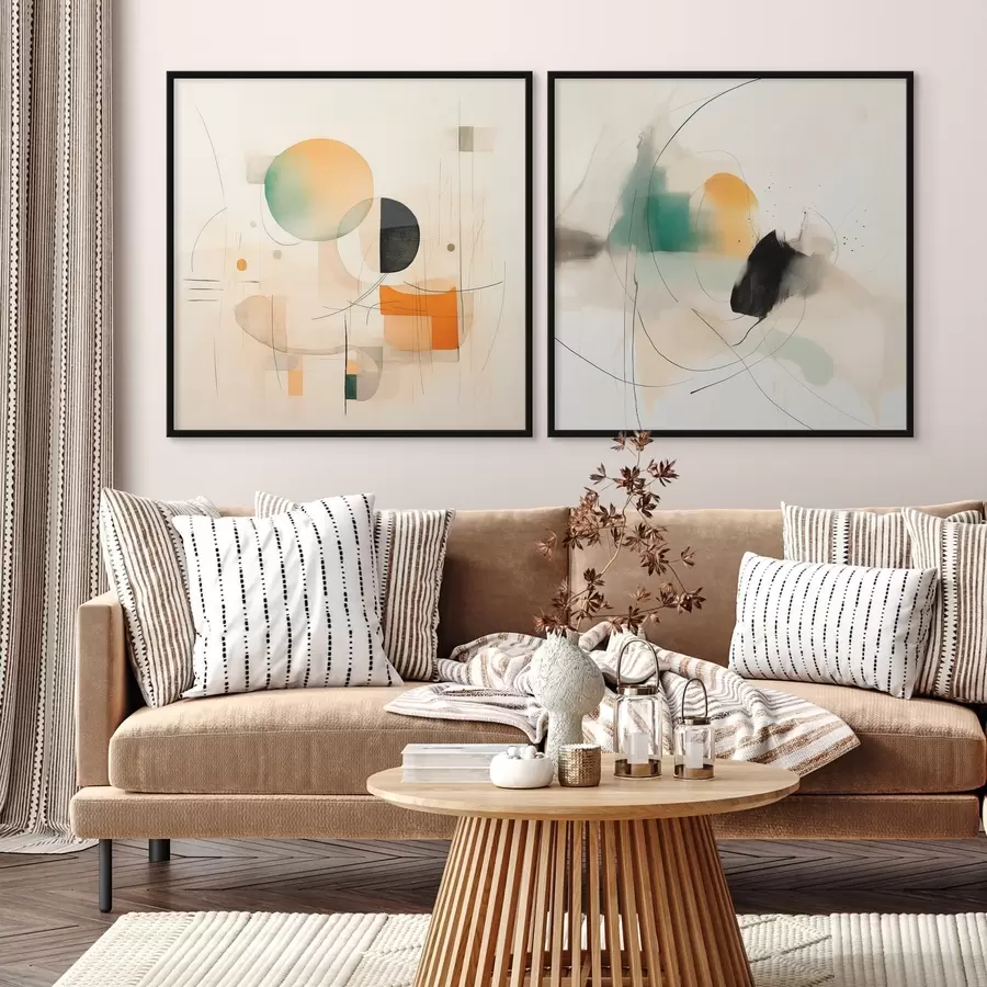 Картина Абстрактний диптих з круглими формами та динамічними лініями d00981