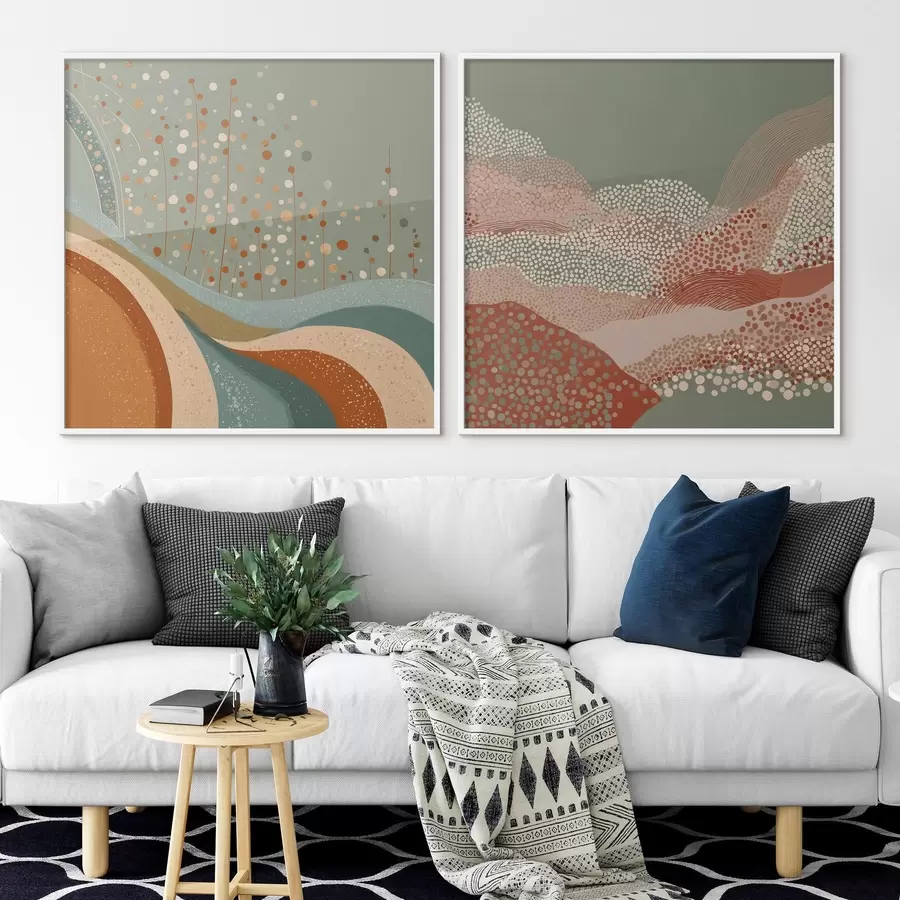 Картина Двочастий абстрактний пейзаж з крапчастими та хвилястими елементами d00987