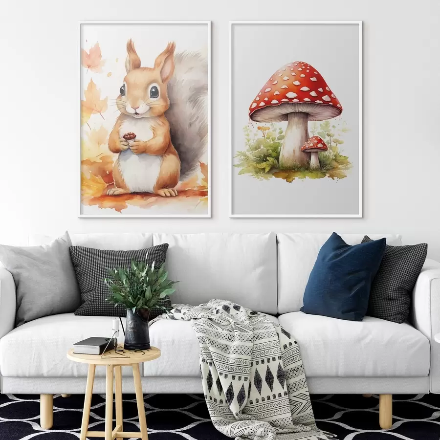 Картина Білка і лісові гриби, мухомор, імітація акварелі d01049