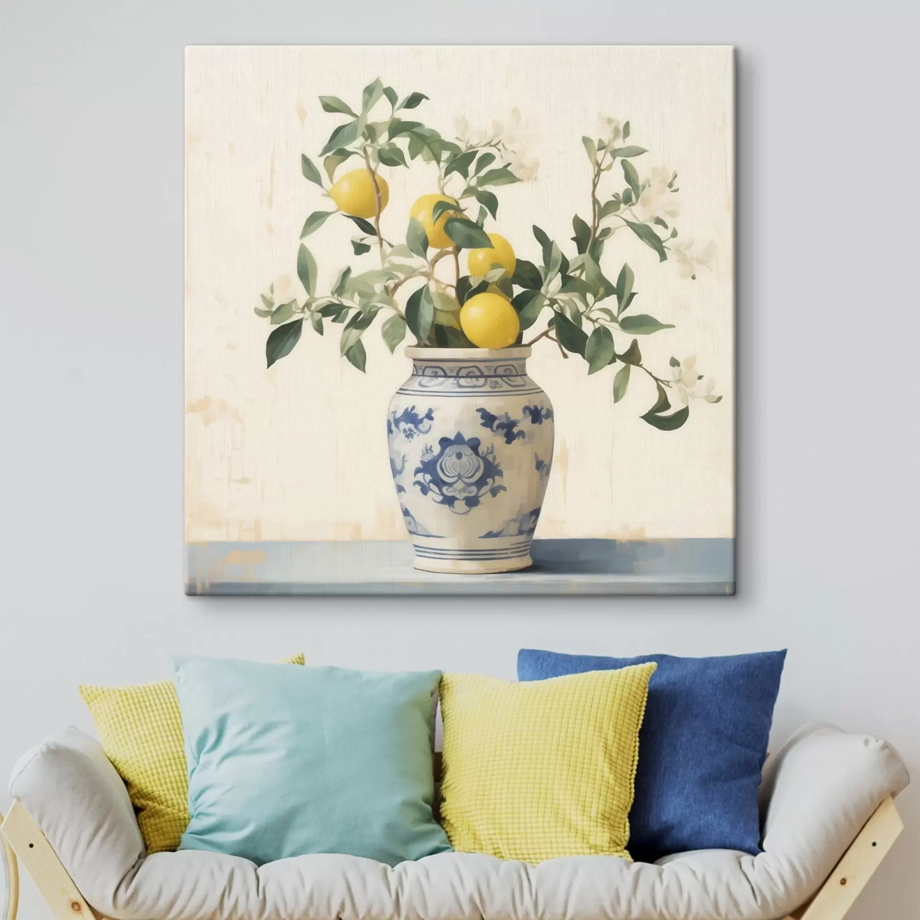 Картина Лимони в синьо-білій керамічній вазі в стилі олійного живопису s46924