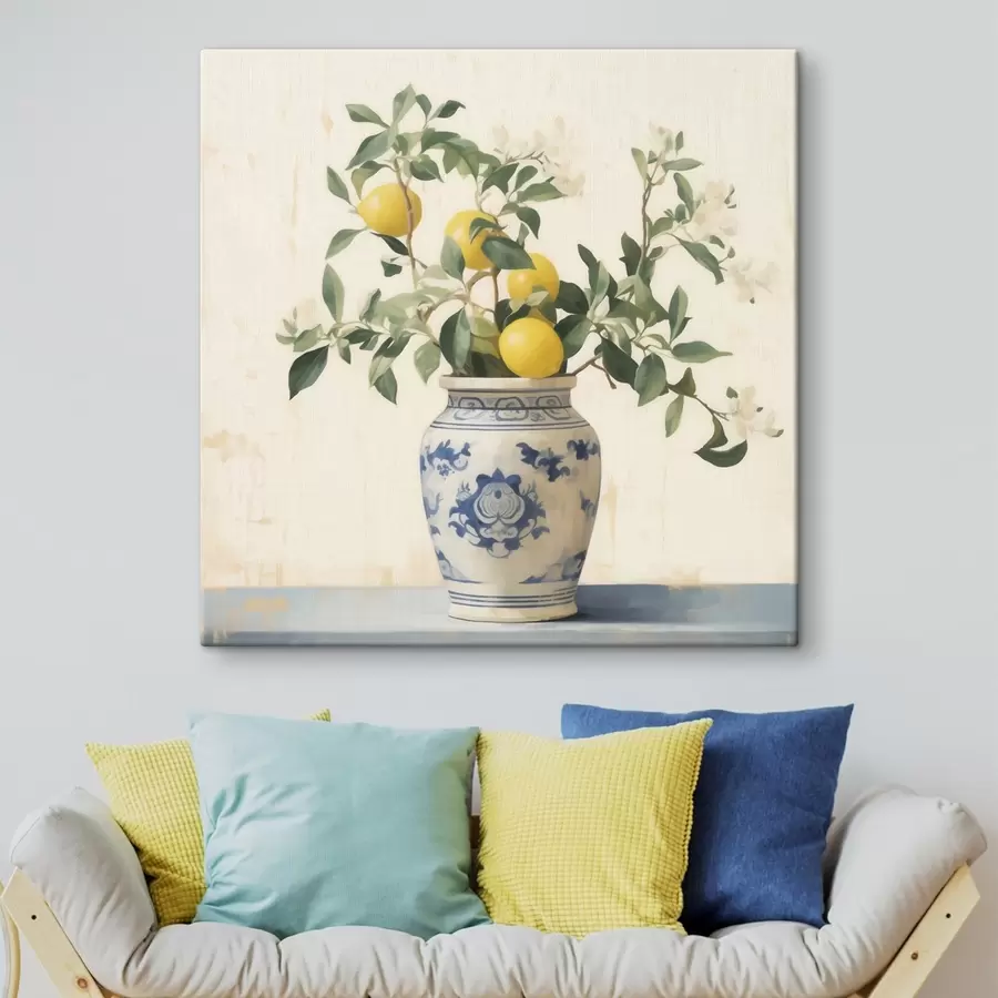 Картина Лимони в синьо-білій керамічній вазі в стилі олійного живопису s46924