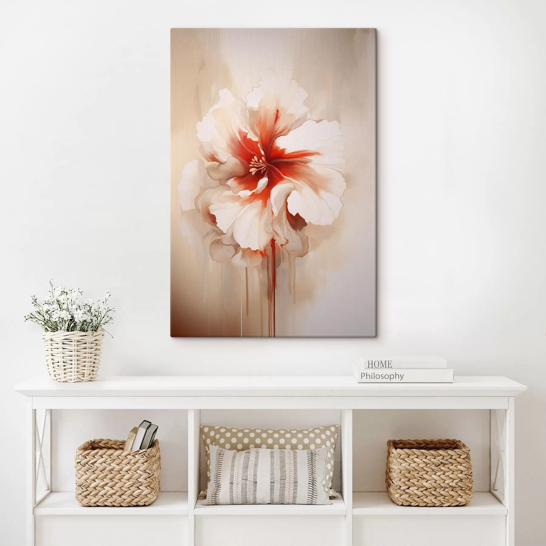 Картина Біло-червона квітка з напівпрозорими пелюстками і струмками фарби s46940