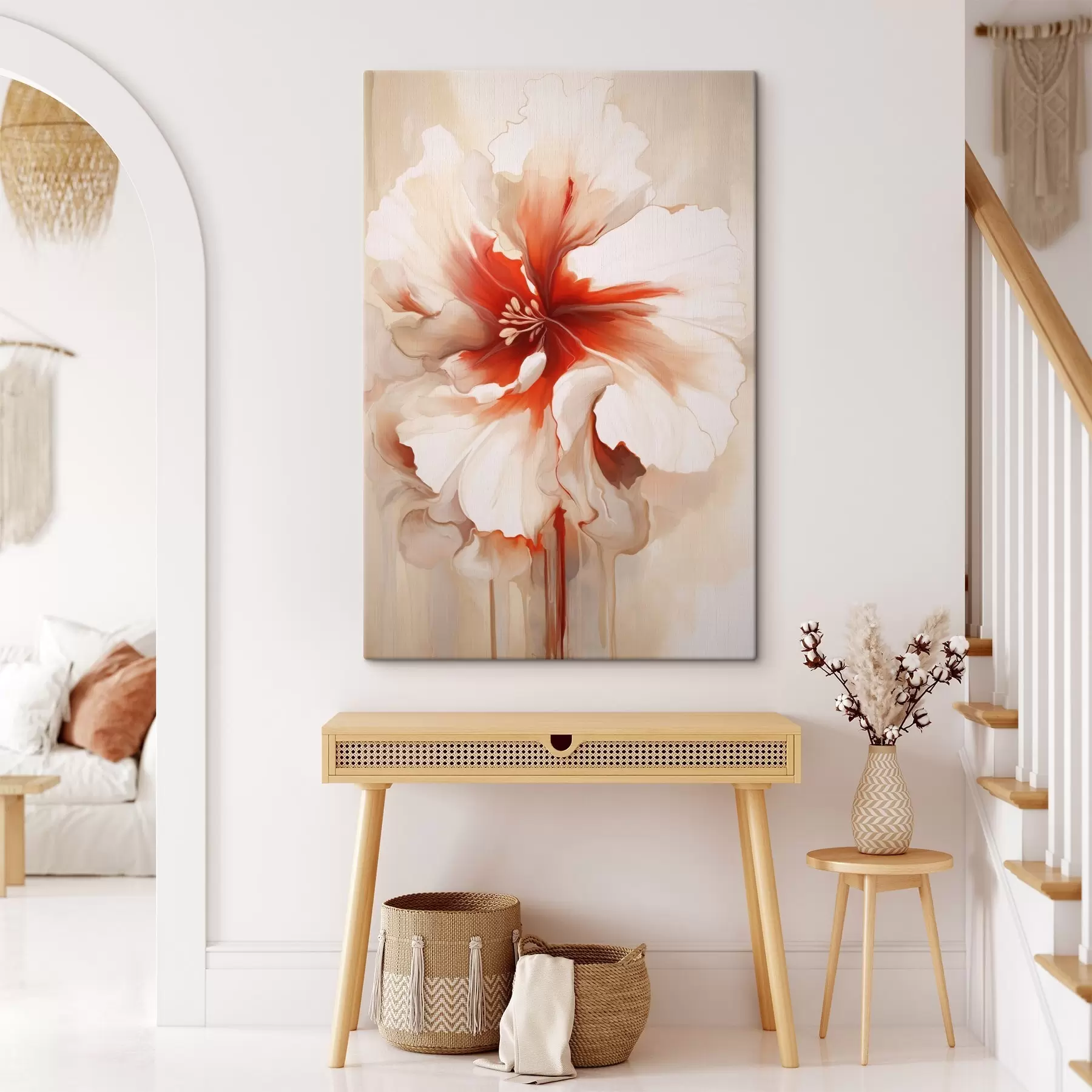 Картина Крупний план біло-червоної квітки з напівпрозорими пелюстками і струмками фарби, що стікають s46941