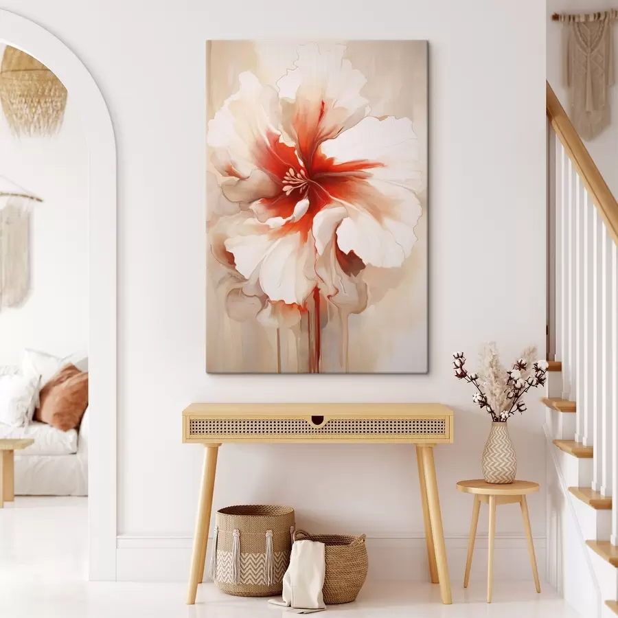 Картина Крупний план біло-червоної квітки з напівпрозорими пелюстками і струмками фарби, що стікають s46941