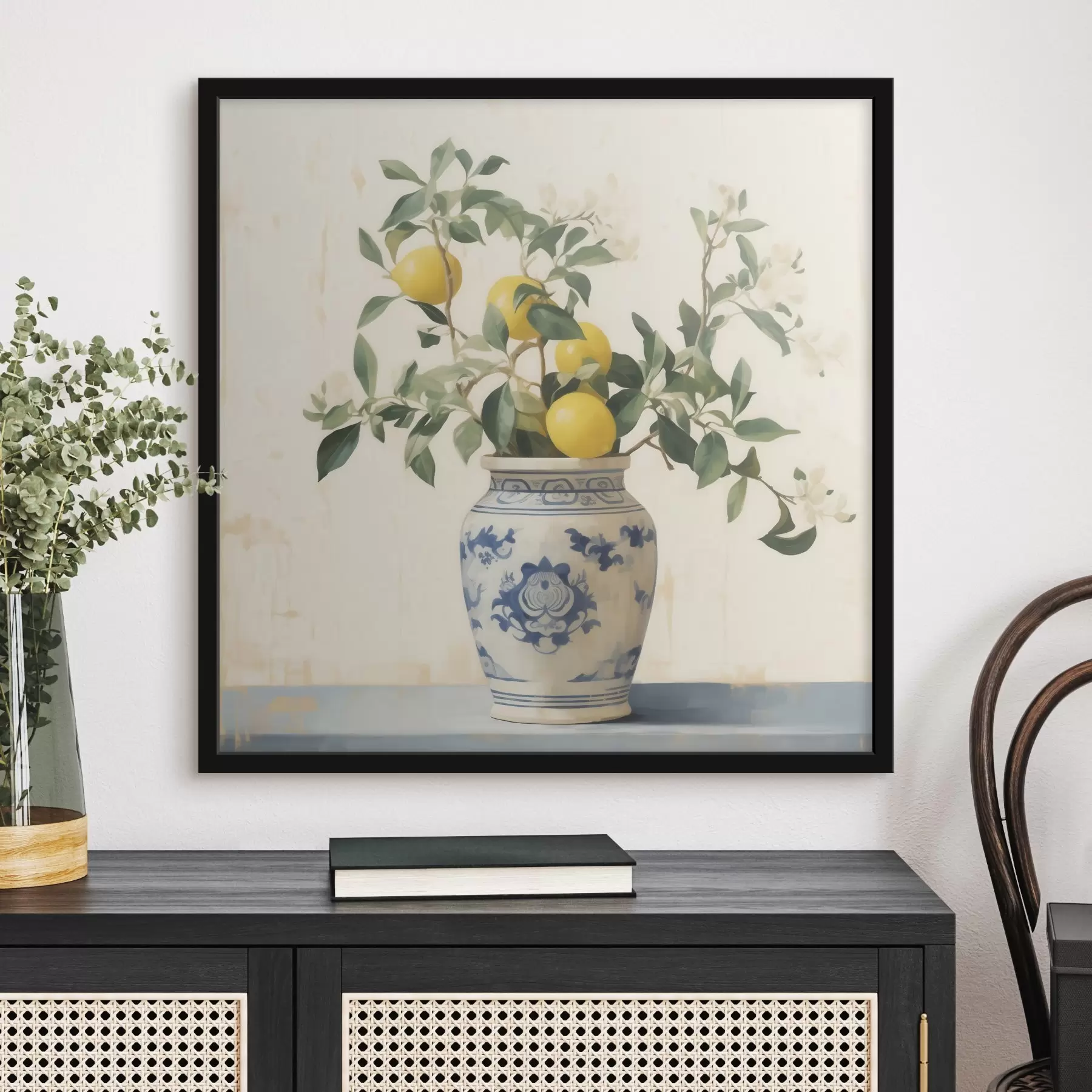 Картина Лимони в синьо-білій керамічній вазі в стилі олійного живопису f46924