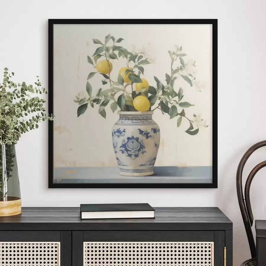 Картина Лимони в синьо-білій керамічній вазі в стилі олійного живопису f46924
