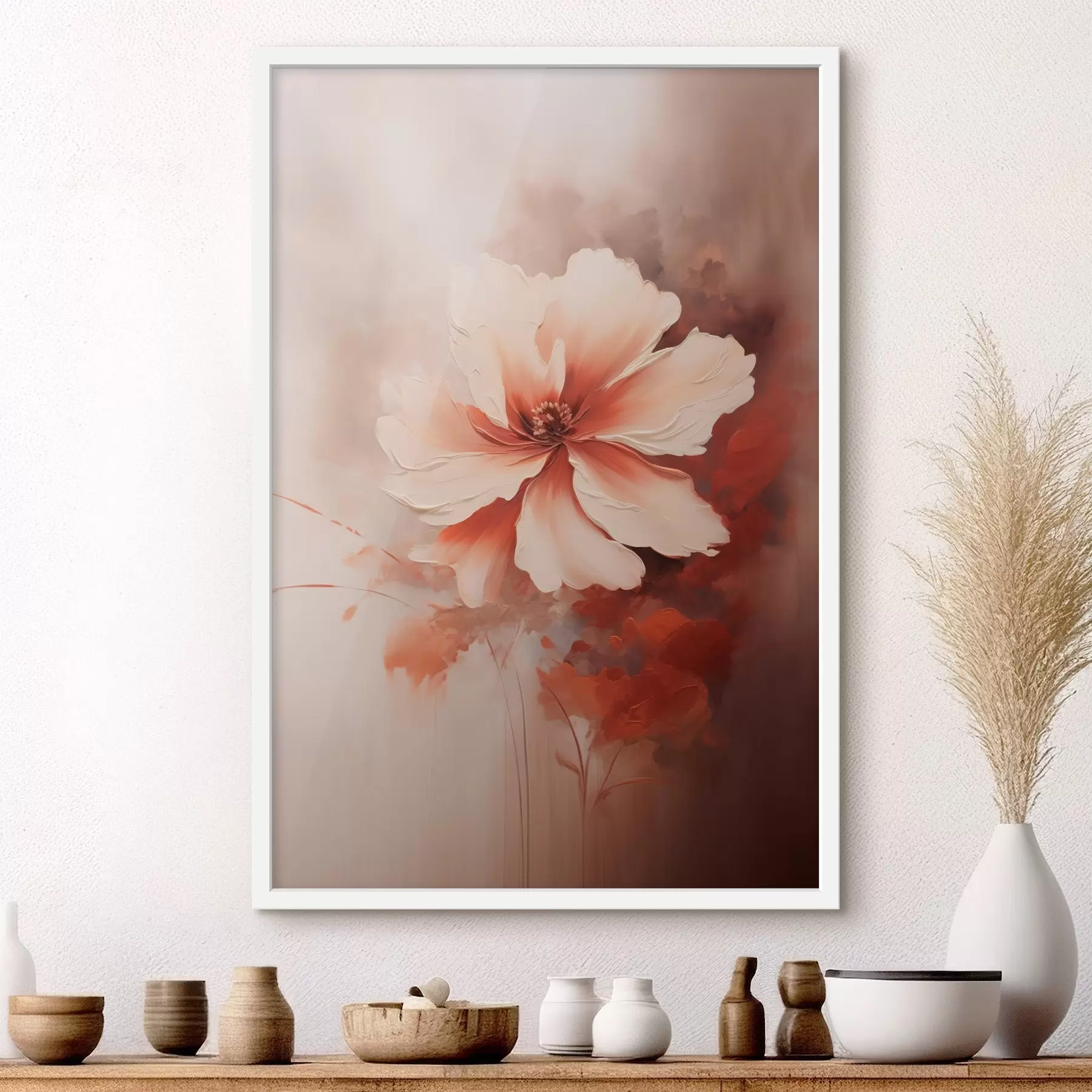 Картина Ніжна біло-коралова квітка на розмитому тлі в стилі олійного живопису f46938