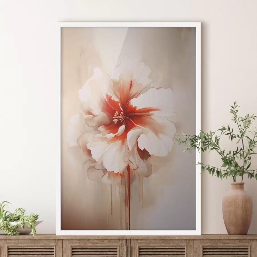 Картина Біло-червона квітка з напівпрозорими пелюстками і струмками фарби f46940