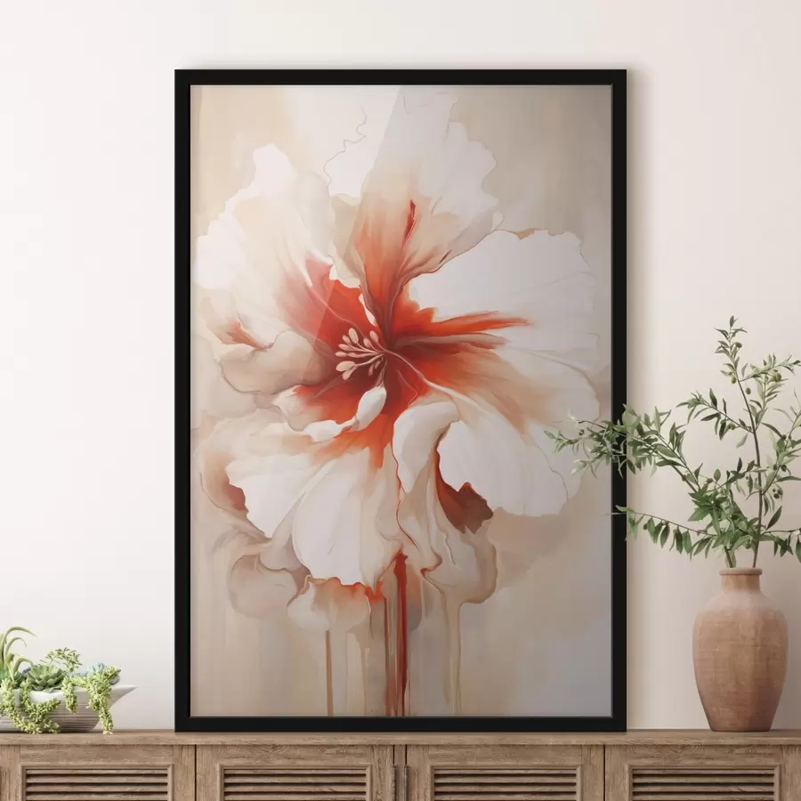 Картина Крупний план біло-червоної квітки з напівпрозорими пелюстками і струмками фарби, що стікають f46941