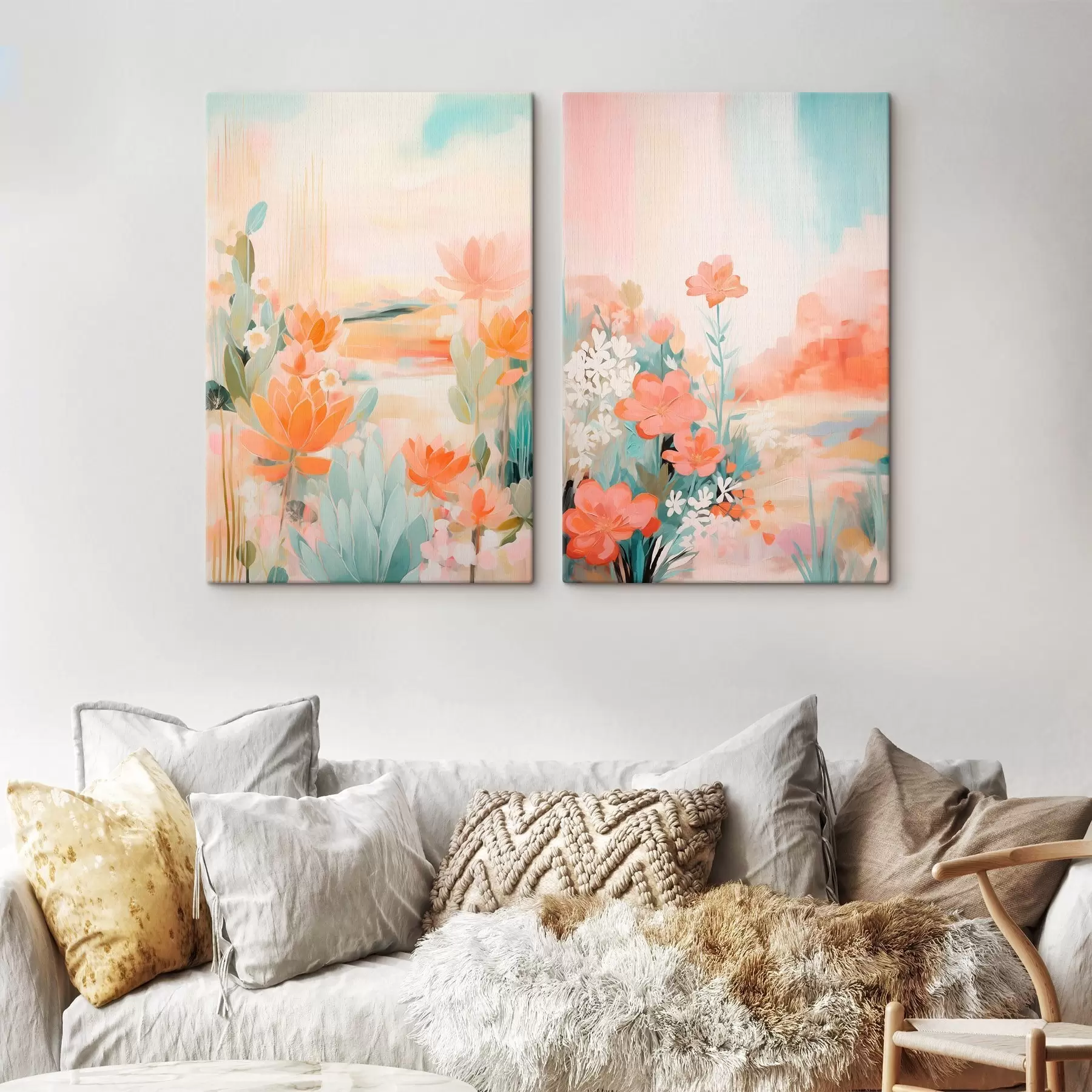 Картина Квіткові мотиви в пастельних тонах на тлі світлої туманної долини m01085