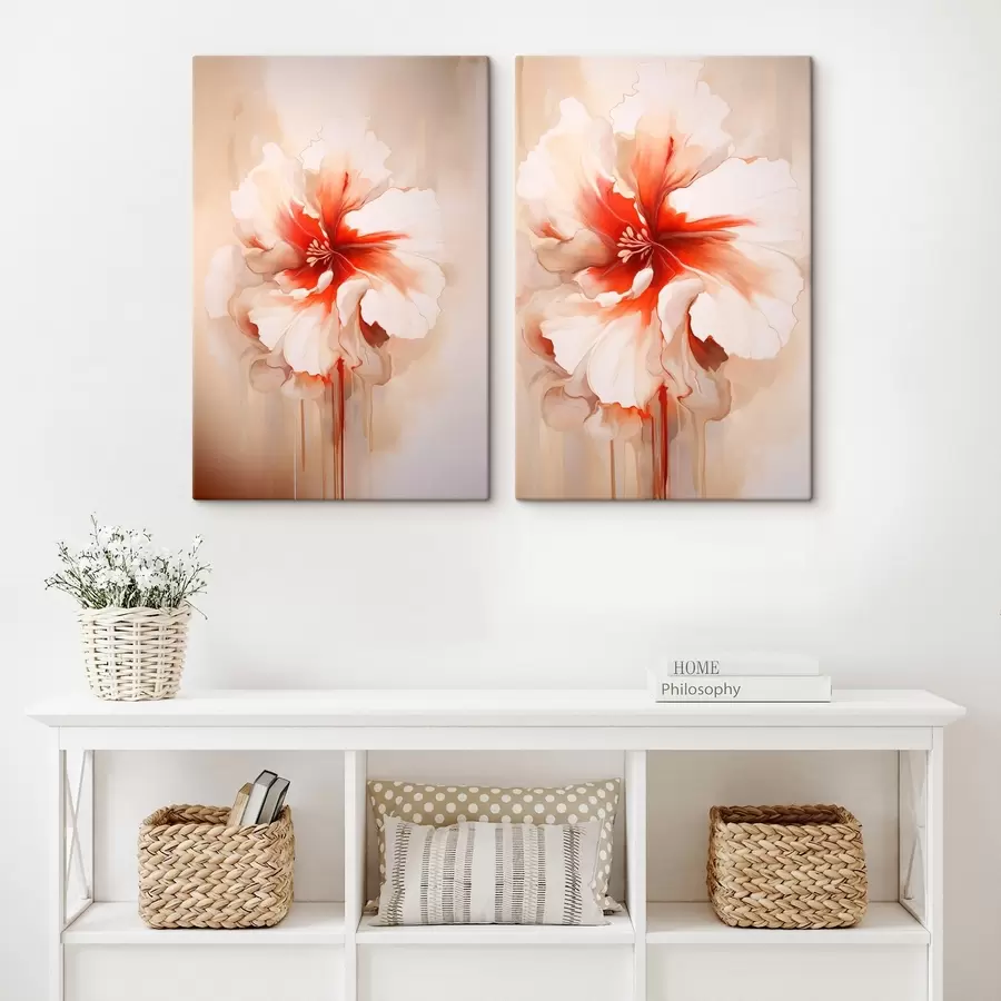 Картина Біло-коралові пелюстки на абстрактному тлі, спокійна композиція m01089