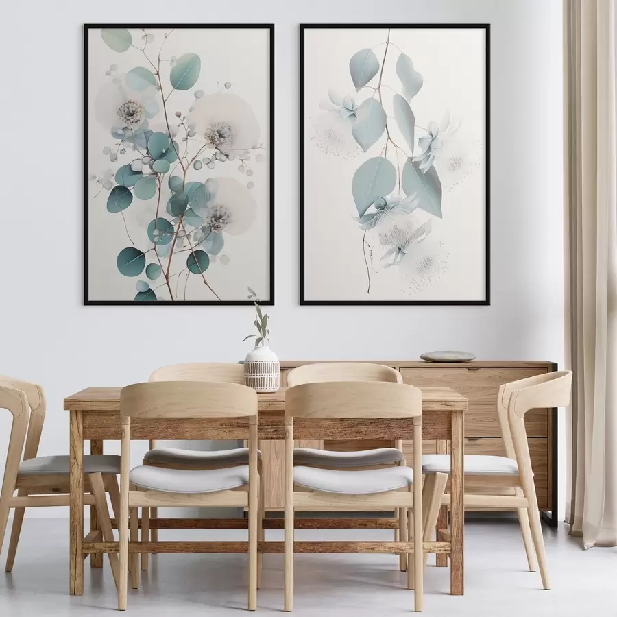 Картина Гілка евкаліпта з блакитним листям і білими квітами, світлий фон d00829