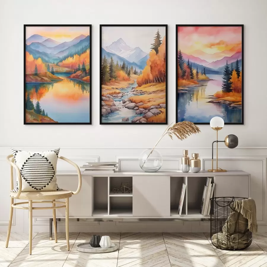 Картина Осінній гірський пейзаж у теплих відтінках заходу сонця d00930