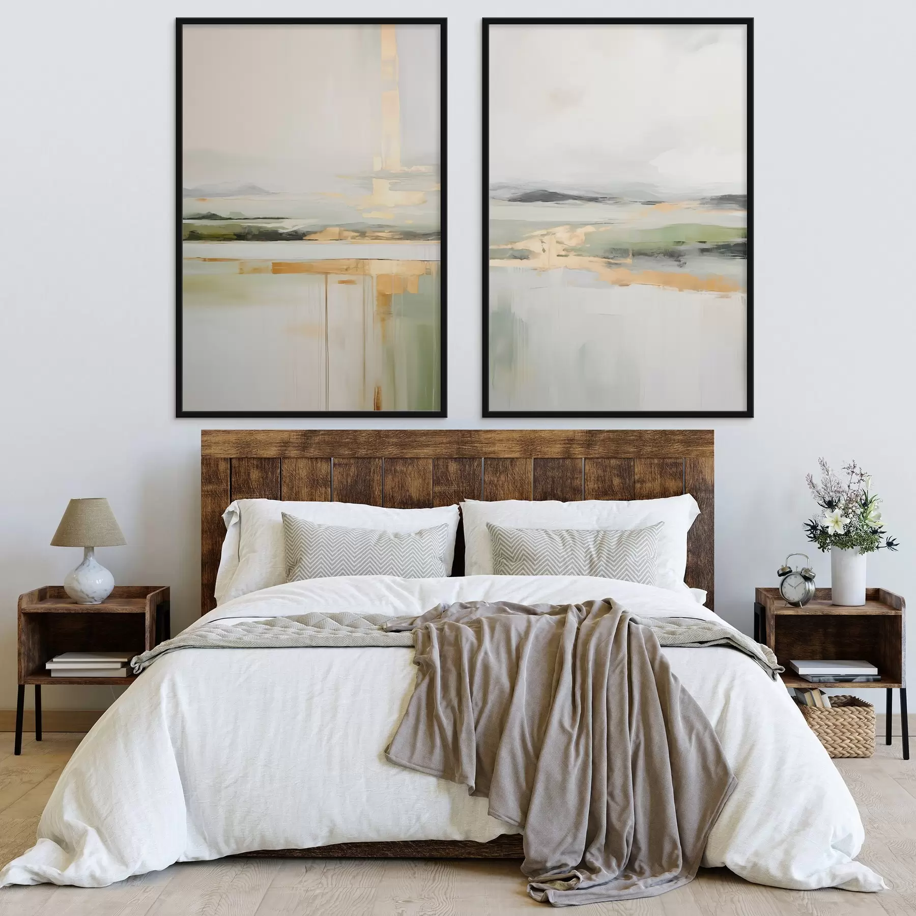 Картина Абстрактний пейзаж з жовтими акцентами, мінімалістична композиція землі, води та неба, з приглушеними кольорами d00877