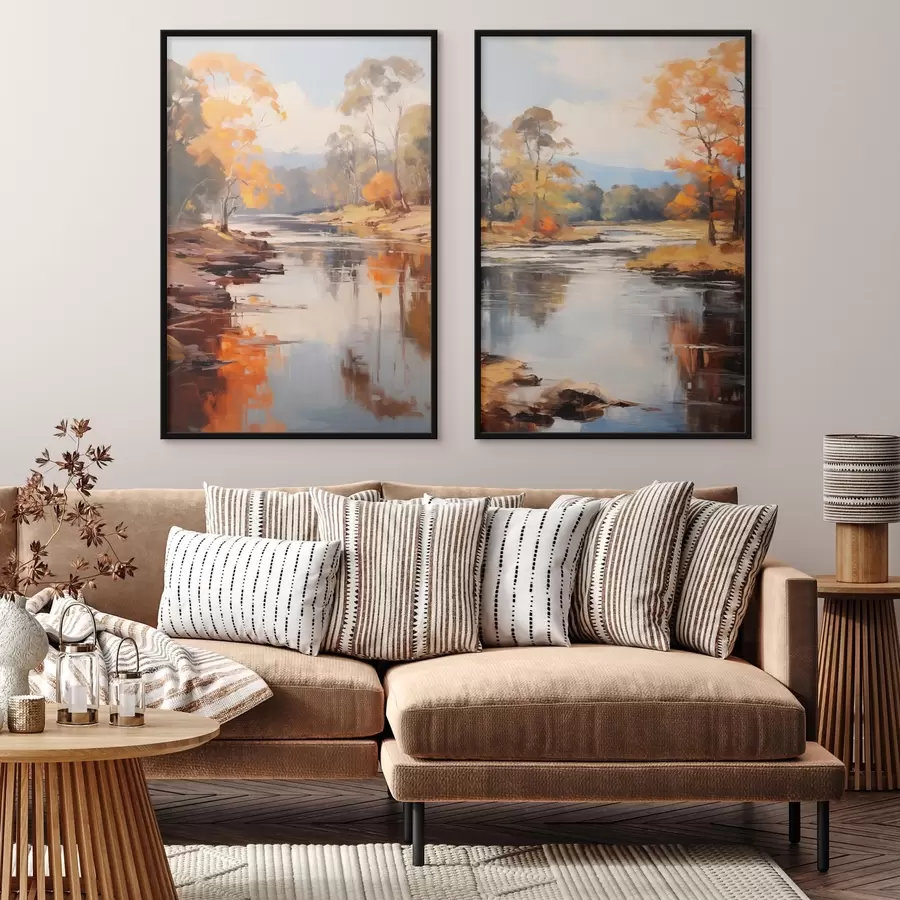 Картина Осінній пейзаж, річка з деревами на березі, ліс на задньому плані, відблиски на воді d00883