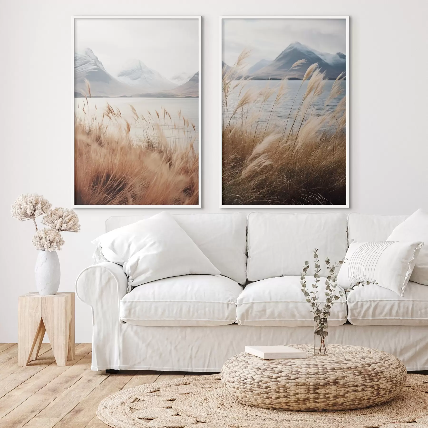 Картина Трава пампас на тлі озера і гір, м'яке освітлення, приглушені кольори, натуралістичний стиль d00884