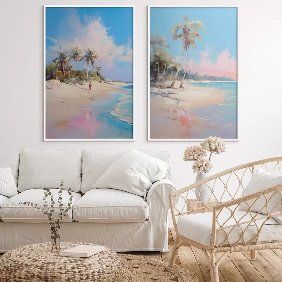 Картина Абстрактний пейзаж, пляж з пальмами, яскравий сонячний день з блакитним небом і декількома хмарами d00885