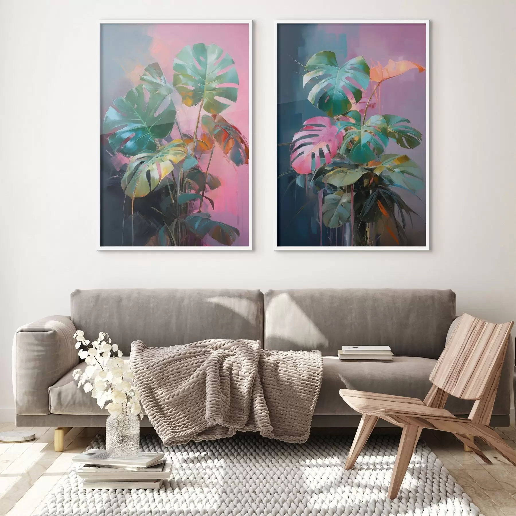 Картина Абстрактна рослина монстера з яскраво-зеленим листям на тлі ніжних рожевих і фіолетових відтінків d00886