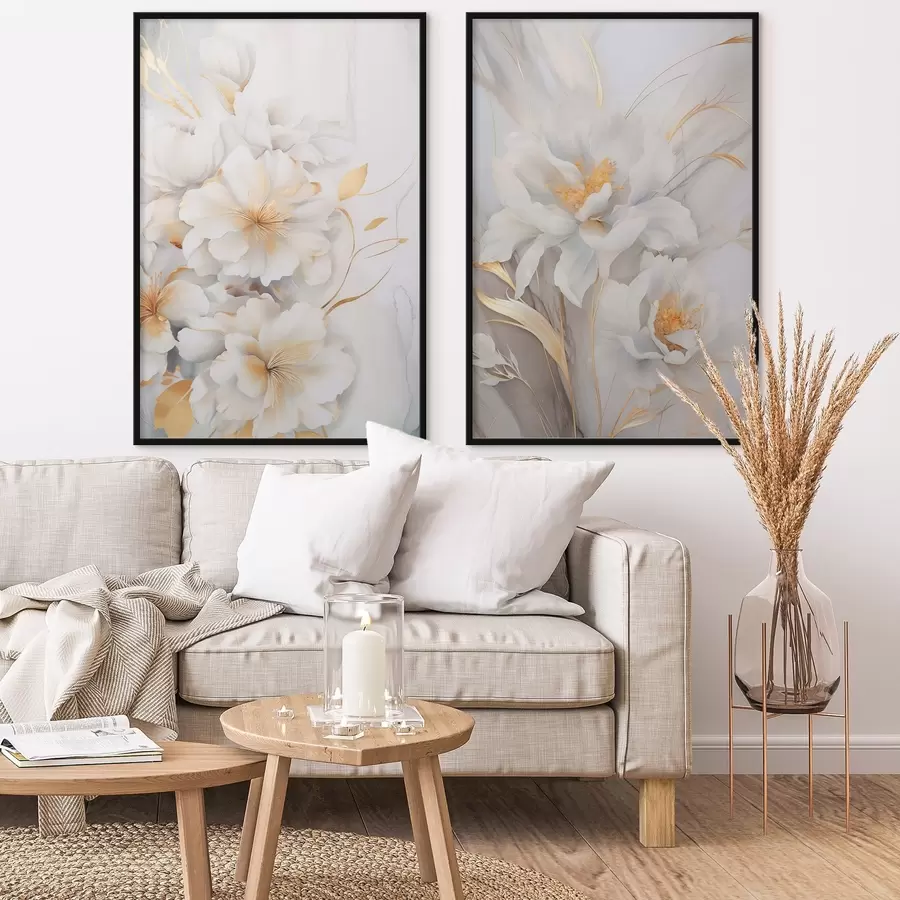 Картина Білі квіти з жовтими деталями, пелюстки з легкими тінями, світлий фон з легким мармуровим ефектом d00889