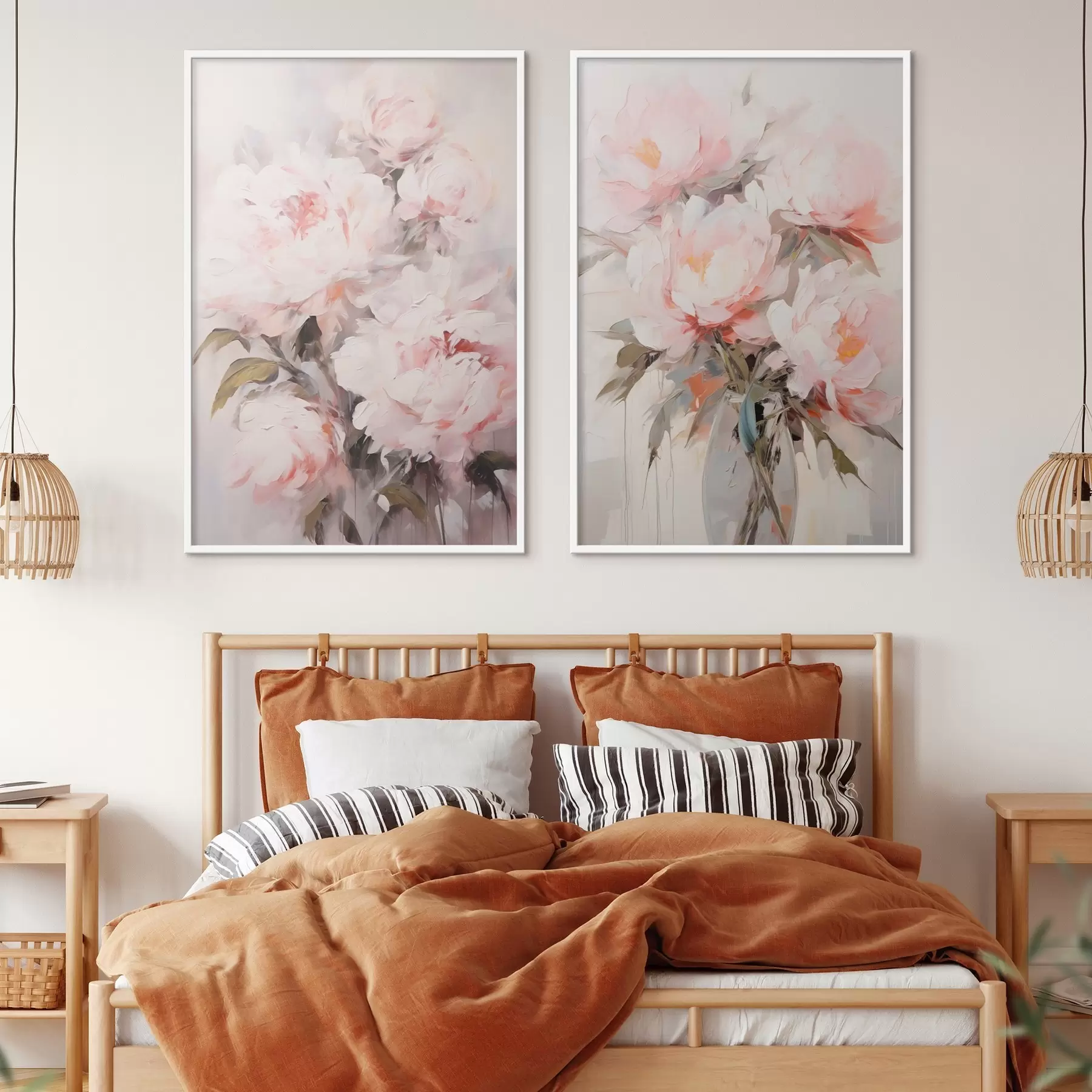 Картина Букет світло-рожевих півоній із зеленим листям, м'які мазки, пастельні кольори, на світлому тлі d00890