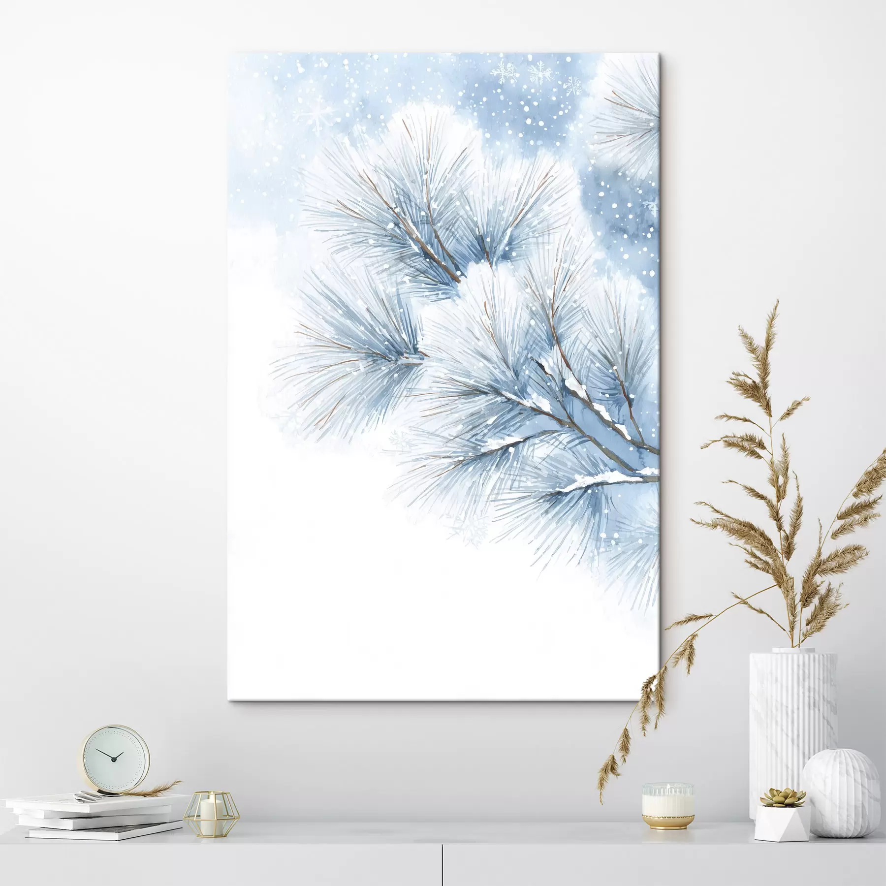 Картина засніжена соснова гілка в акварельному стилі s47114