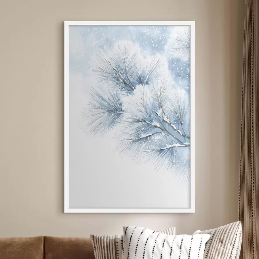 Картина засніжена соснова гілка в акварельному стилі f47114