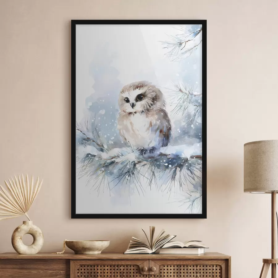 Картина мила сова на засніженій сосновій гілці в акварельному стилі f47115