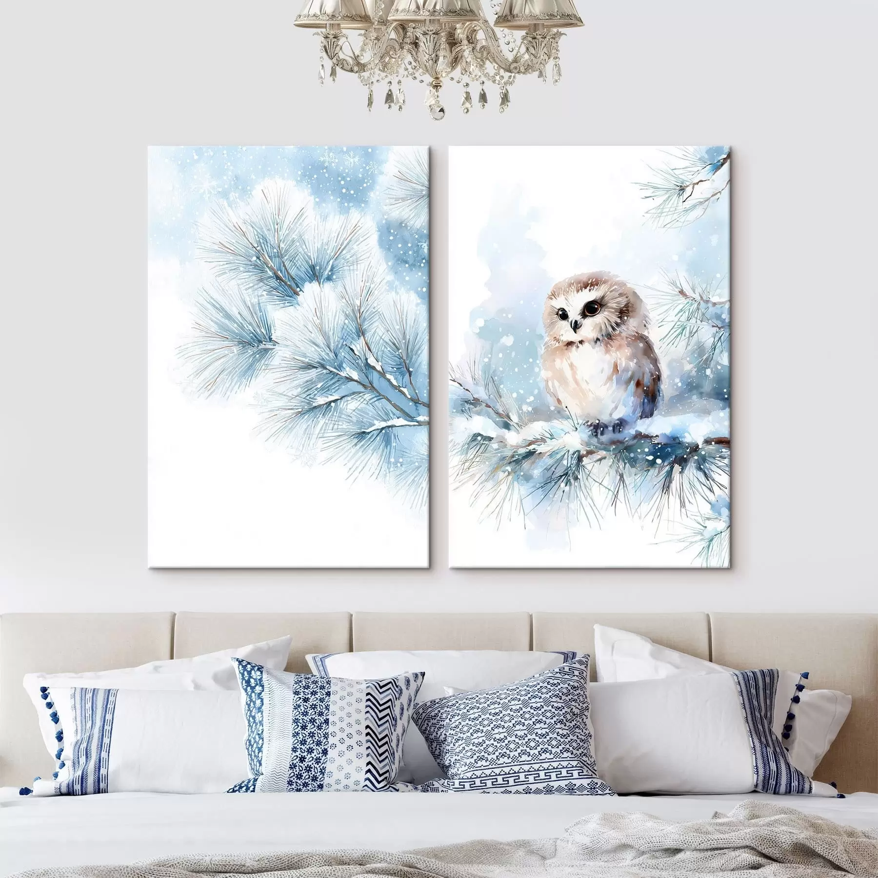 Картина мила сова на засніженій сосновій гілці в акварельному стилі m01168