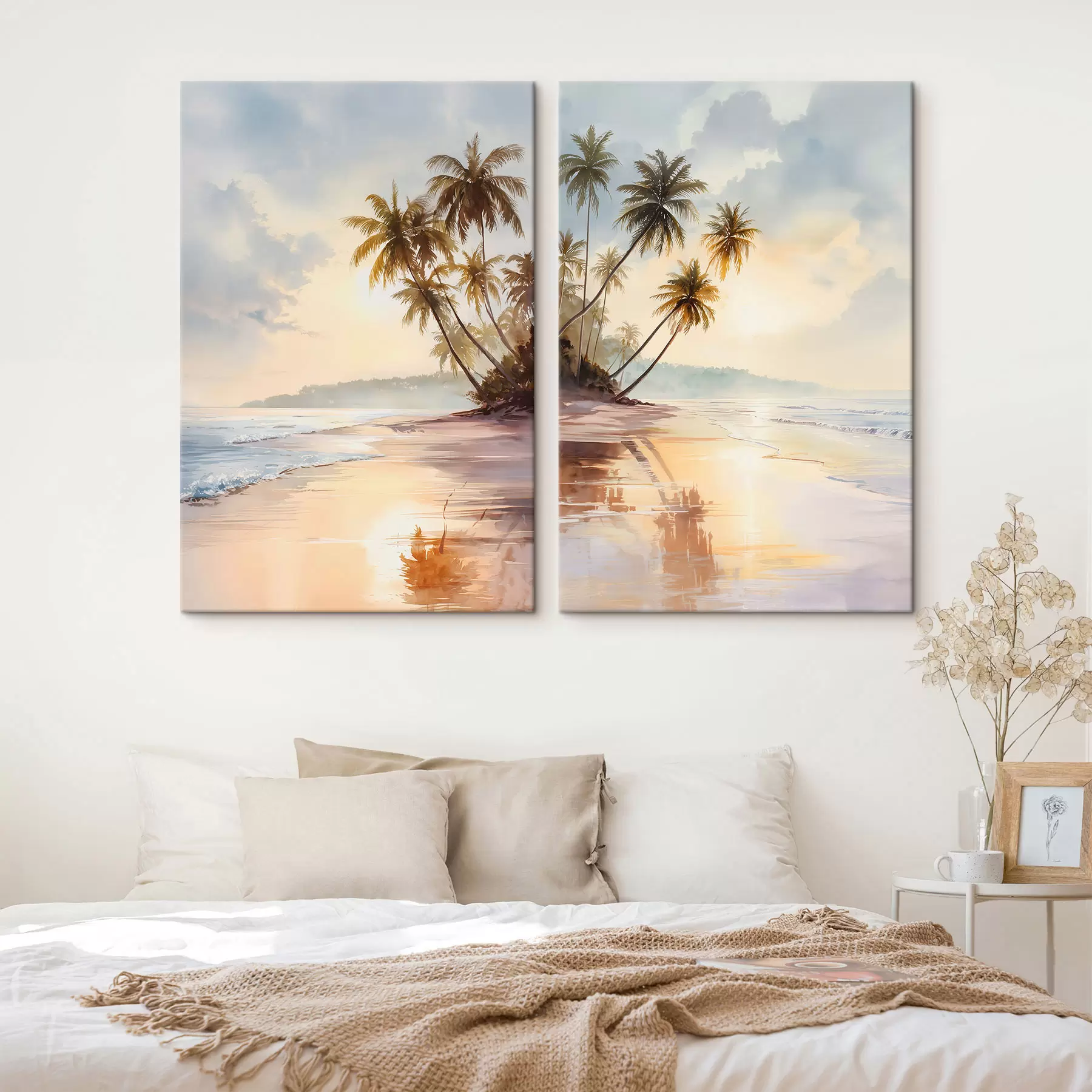 Картина захід сонця на пляжі острова в стилі акварелі m01177