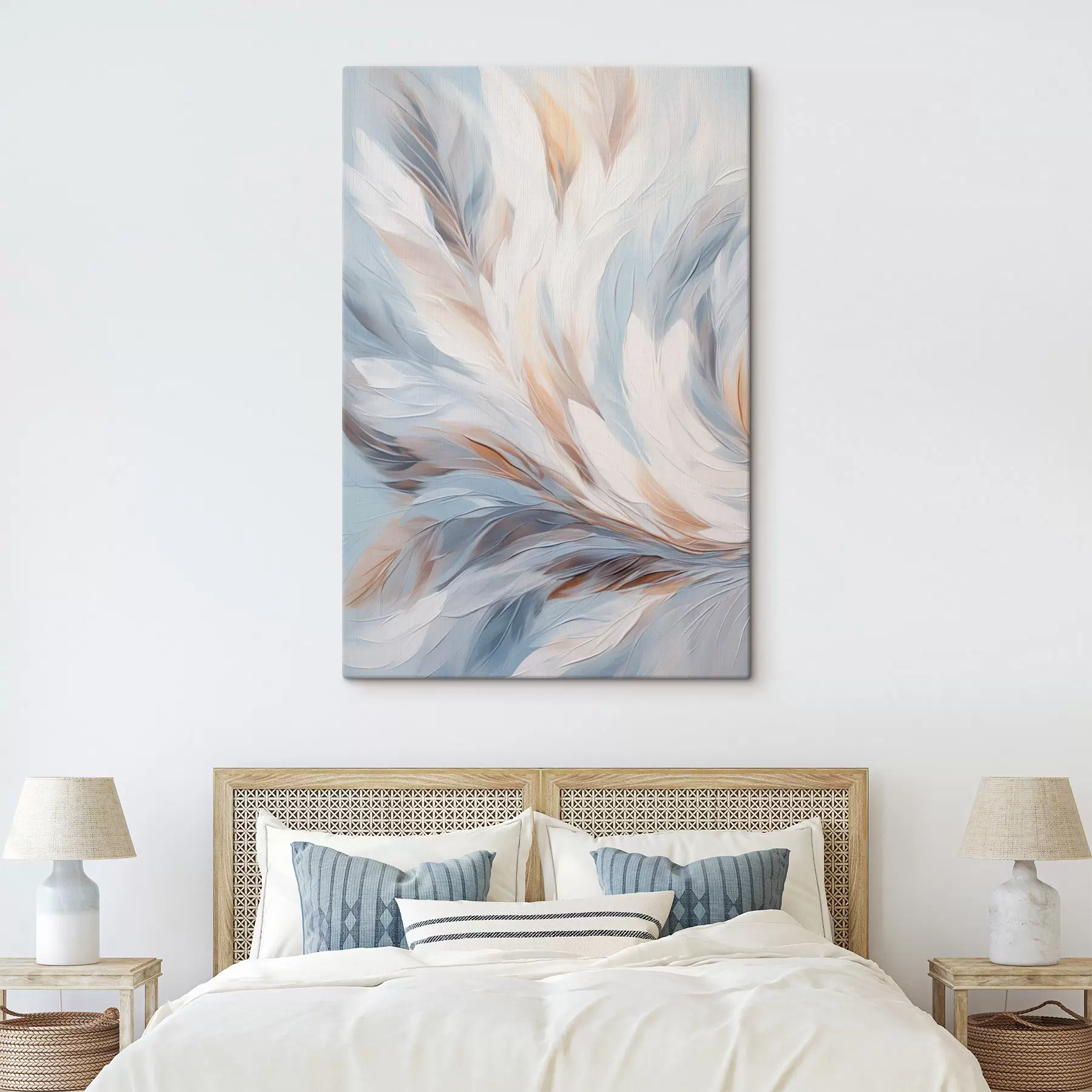 Картина Абстрактне зображення пір'я в відтінках білого, синього та коричневого кольорів, з м'якою, плавною текстурою та світлим фоном. s47417