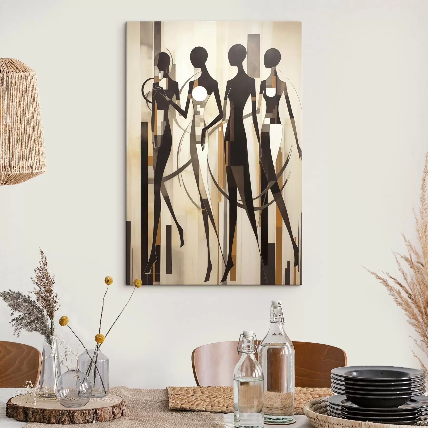 Картина Стилізовані жіночі фігури з геометричними елементами на абстрактному тлі вертикальних ліній s47423