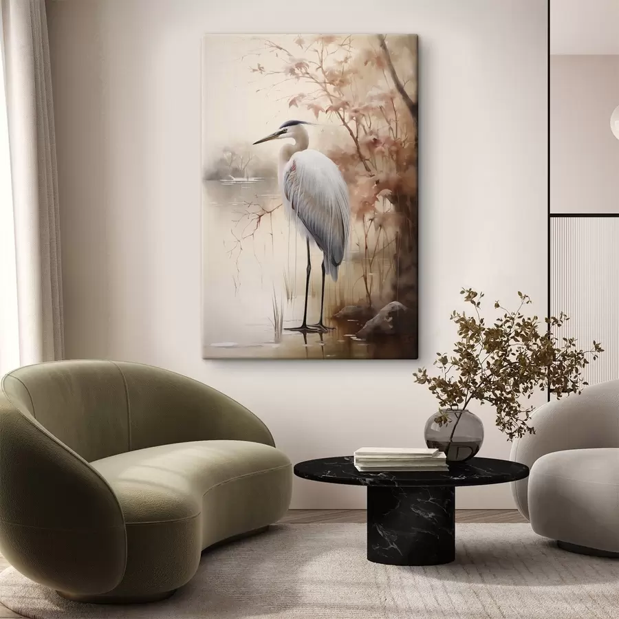 Картина Чапля стоїть на камені в озері, на тлі високої трави та дерев s47427