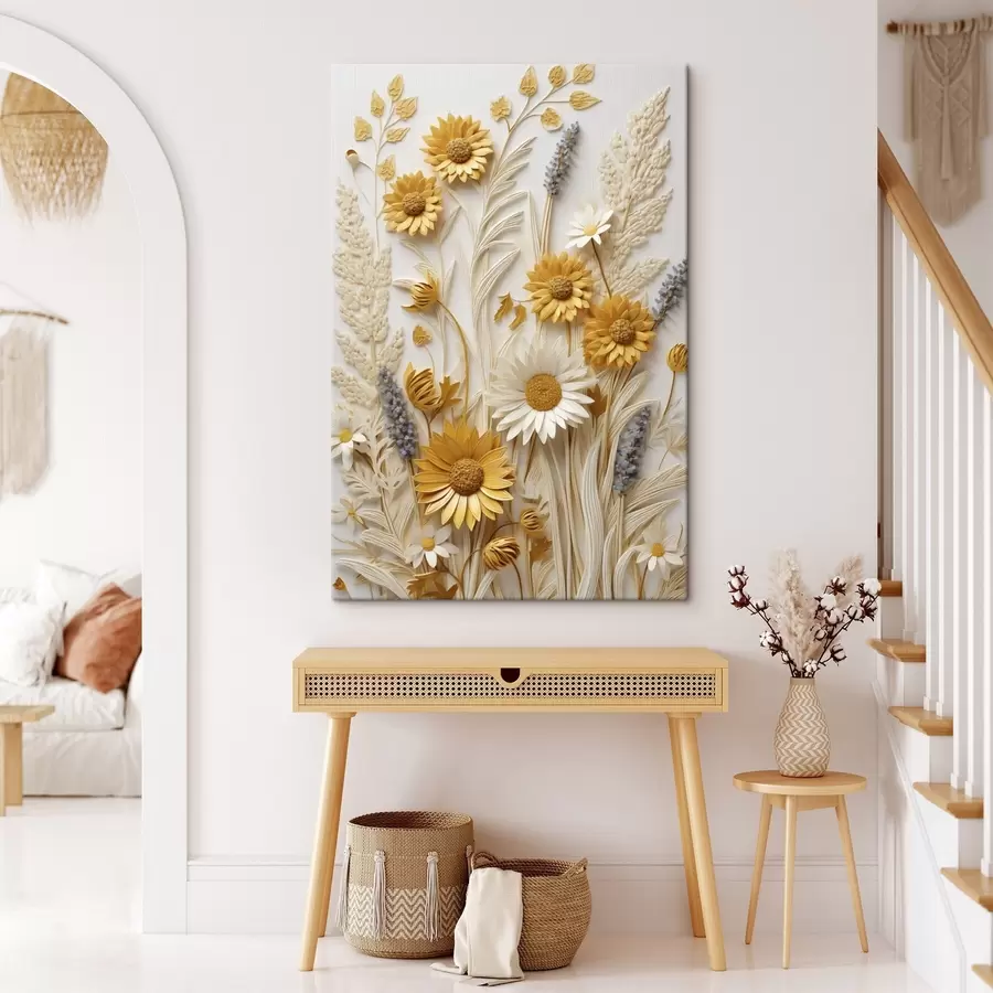Картина Текстурована колекція жовтих і білих маргариток із сухими травами та гілочками лаванди на білому тлі s47430