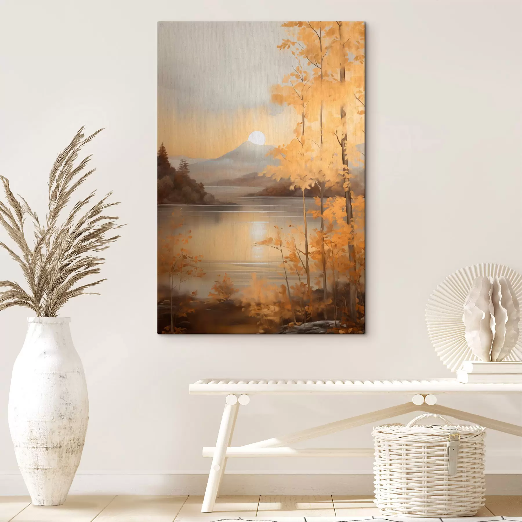 Картина Осінні дерева з помаранчевим листям обрамляють спокійне озеро з далекими горами під хмарним небом. s47440