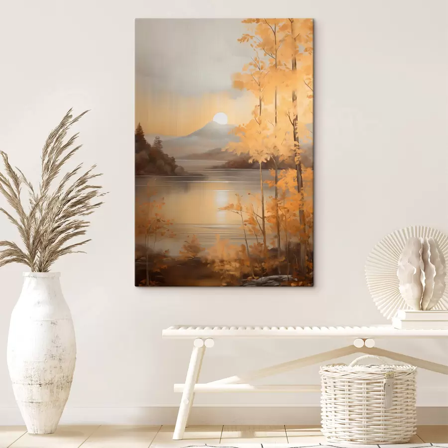 Картина Осінні дерева з помаранчевим листям обрамляють спокійне озеро з далекими горами під хмарним небом. s47440