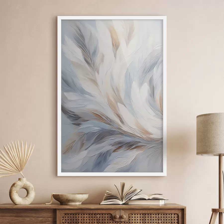 Картина Абстрактне зображення пір'я в відтінках білого, синього та коричневого кольорів, з м'якою, плавною текстурою та світлим фоном. f47417