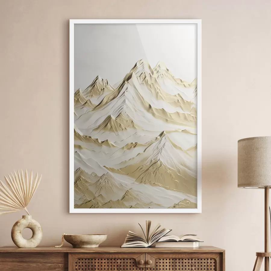 Картина Краєвид жовтих, засніжених гір з гострими вершинами і глибокими долинами під світлим небом f47420