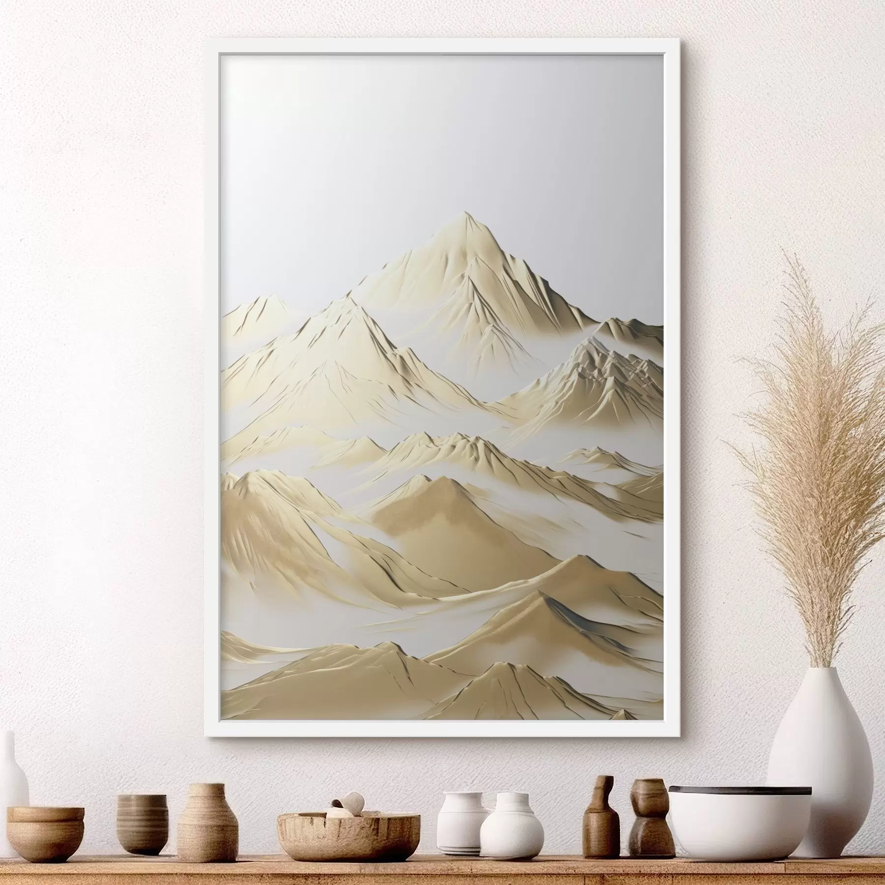 Картина Краєвид жовтих, засніжених гір з гострими вершинами і глибокими долинами під світлим небом f47421