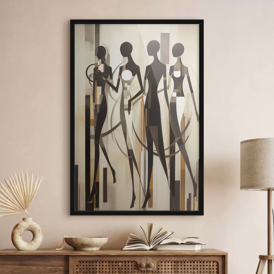 Картина Стилізовані жіночі фігури з геометричними елементами на абстрактному тлі вертикальних ліній f47423