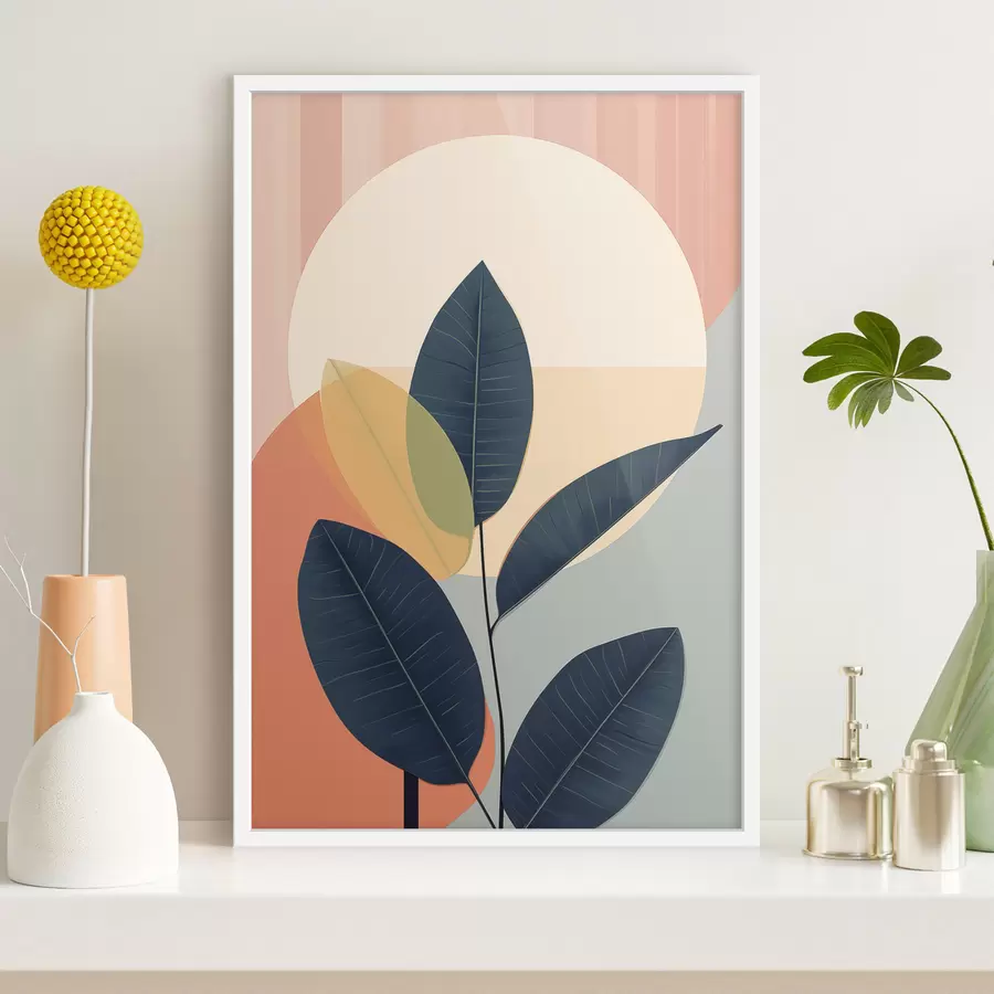 Картина Темне листя на тлі абстрактних фігур персикового та сірого кольорів з великим блідо-жовтим колом f47424