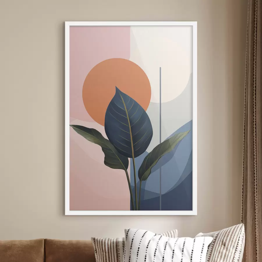 Картина Темне листя на тлі абстрактних фігур персикового та сірого кольорів з помаранчевим колом f47425