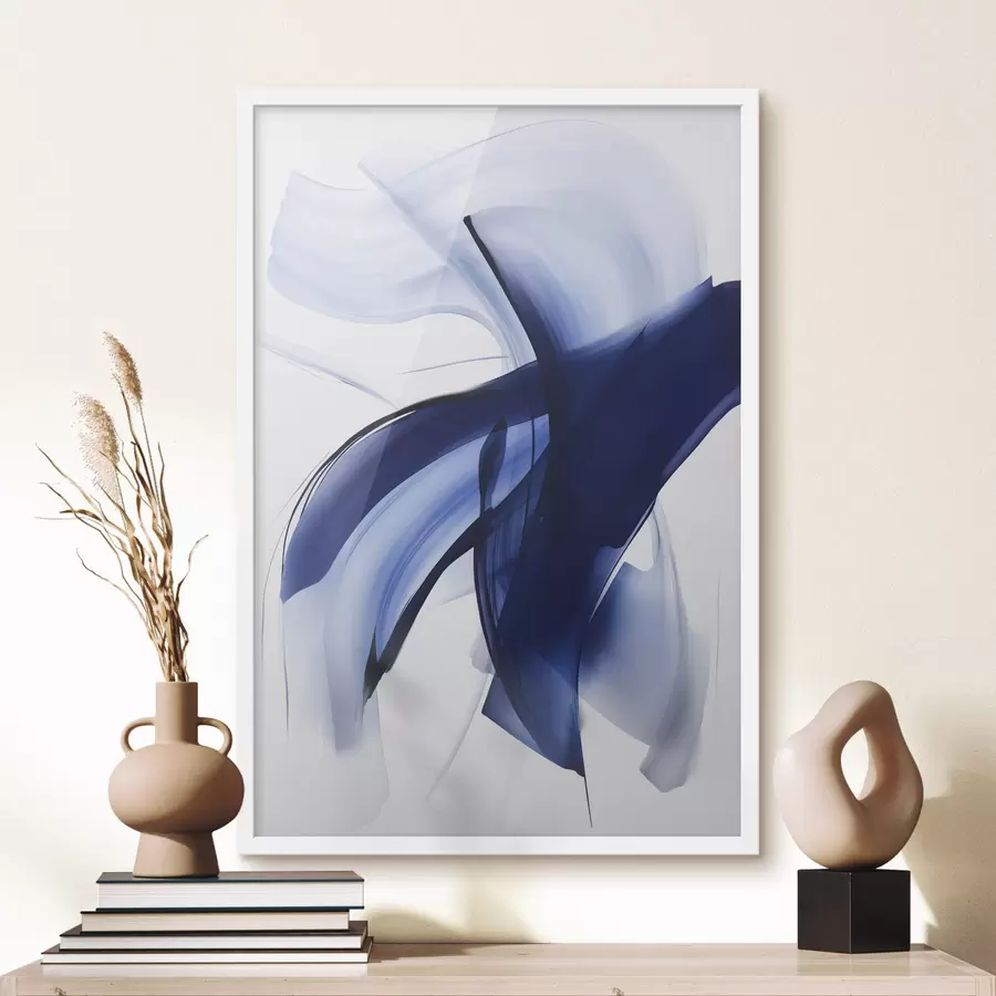 Картина Абстрактні сині форми, схожі на мазки пензлем, з плавними лініями та кривими на білому тлі, сучасне мистецтво f47429