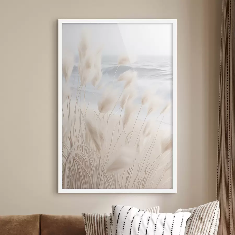 Картина Висока, пухнаста трава пампасу в м'яких бежевих тонах на передньому плані, з піщаним пляжем на задньому плані f47432