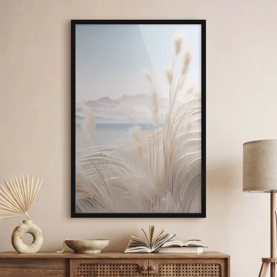 Картина Висока, пухнаста трава пампасу в ніжних бежевих тонах, з піщаним пляжем і горами на задньому плані f47433
