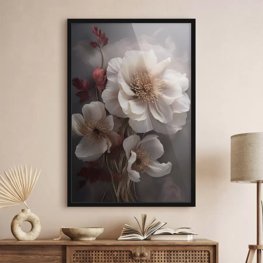 Картина Ніжні півонії з тонкими, легкими пелюстками, оточені темно-червоним листям на абстрактному тлі f47434