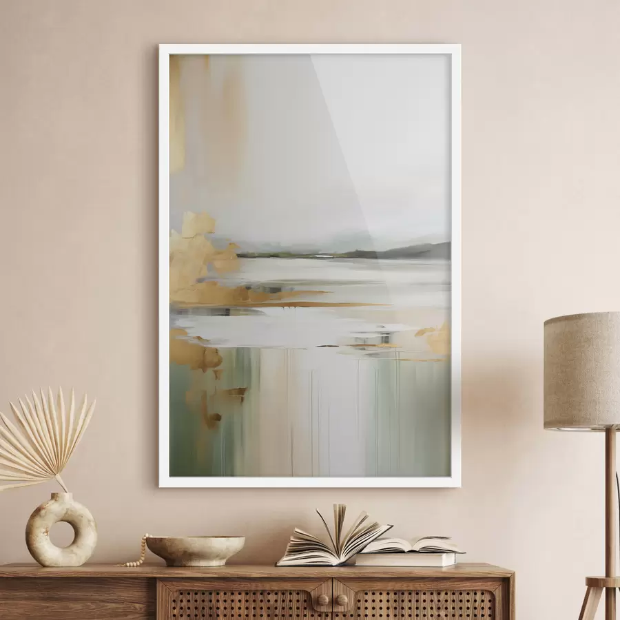 Картина Абстрактний пейзаж з жовтими та зеленими відтінками, вода, що відбиває небо та далекі гори, бліде, туманне небо f47438