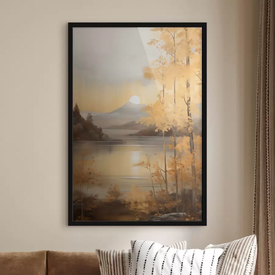 Картина Осінні дерева з помаранчевим листям обрамляють спокійне озеро з далекими горами під хмарним небом. f47440